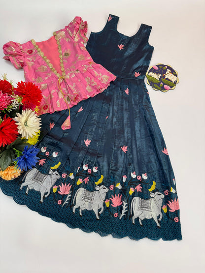 Girls Pichwai Embroidery Gown with Soft Nylon Dola Silk Overcoat