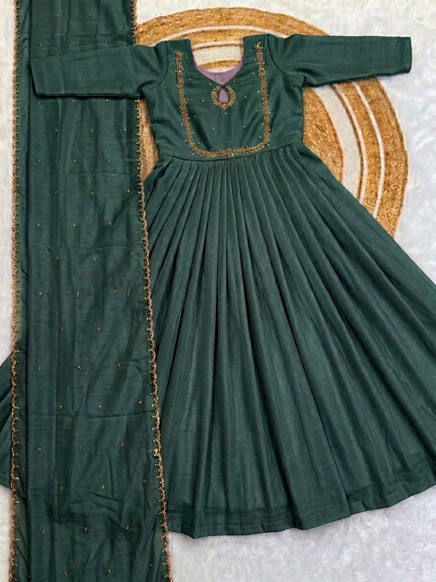 Handwork Vichitra Silk Anarkali Gown with Sequence Work Dupatta