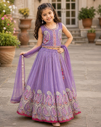 Girls Lavender & Off White Georgette Embroidered Lehenga Choli Set