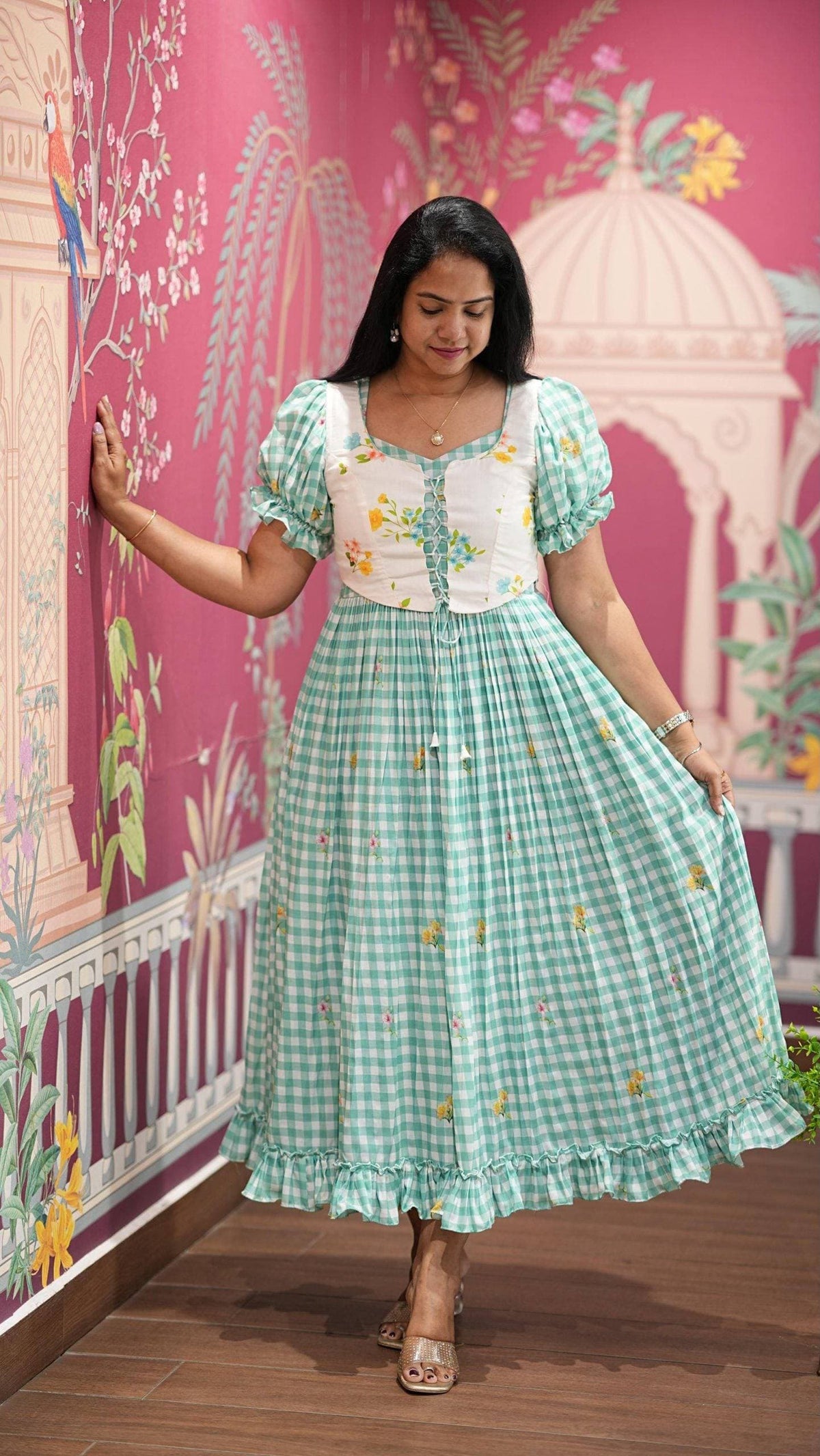 Soft Cotton Checked Print Maxi Dress with Floral Details