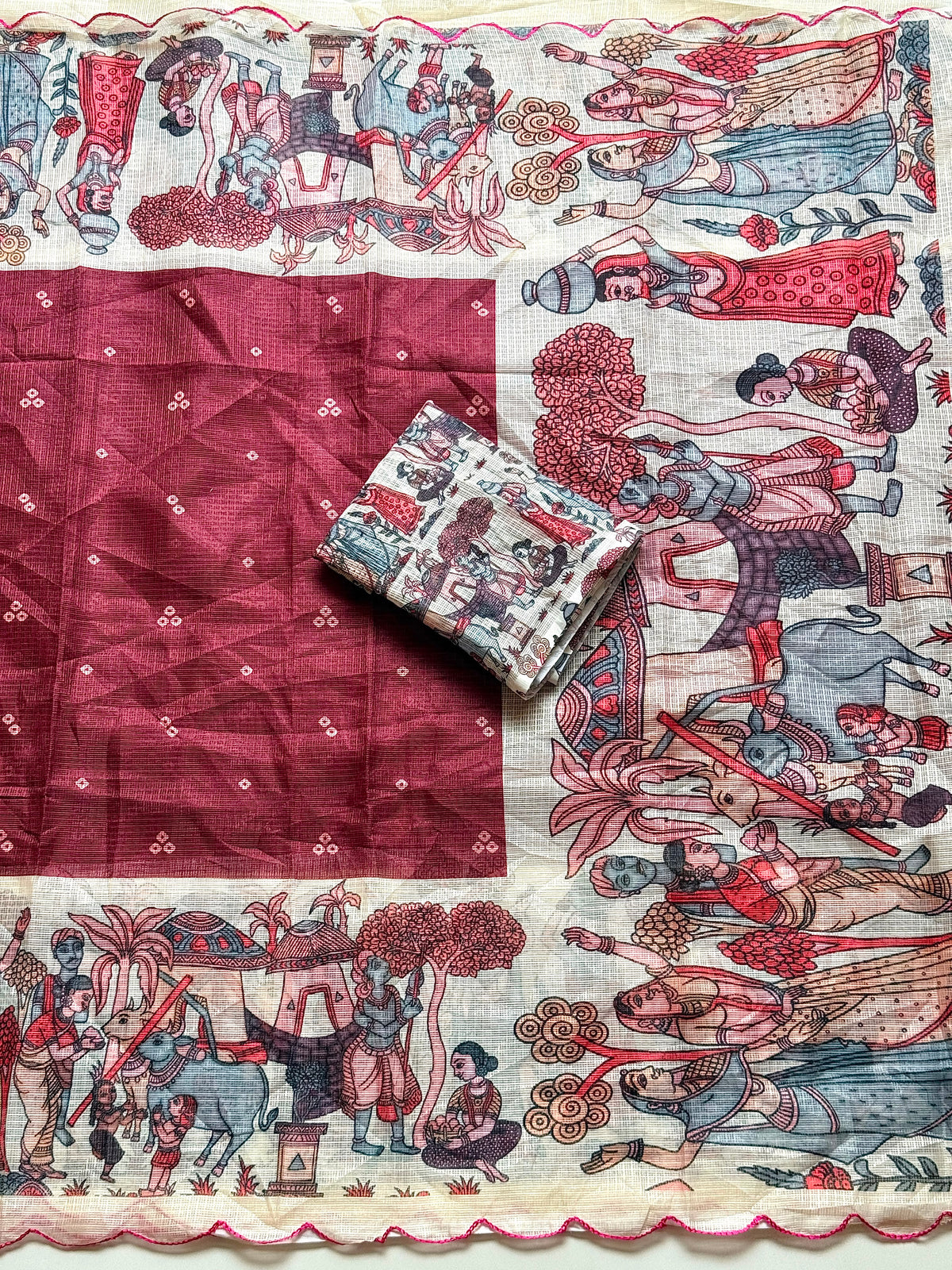 Madhubani Folk Art Printed Kota Chex Saree with Arco Cutwork Border
