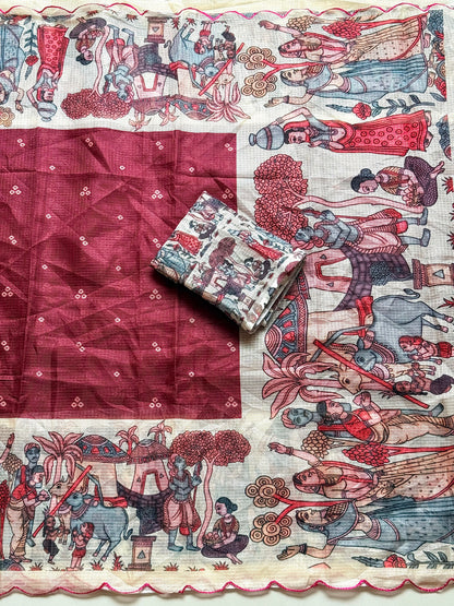 Madhubani Folk Art Printed Kota Chex Saree with Arco Cutwork Border