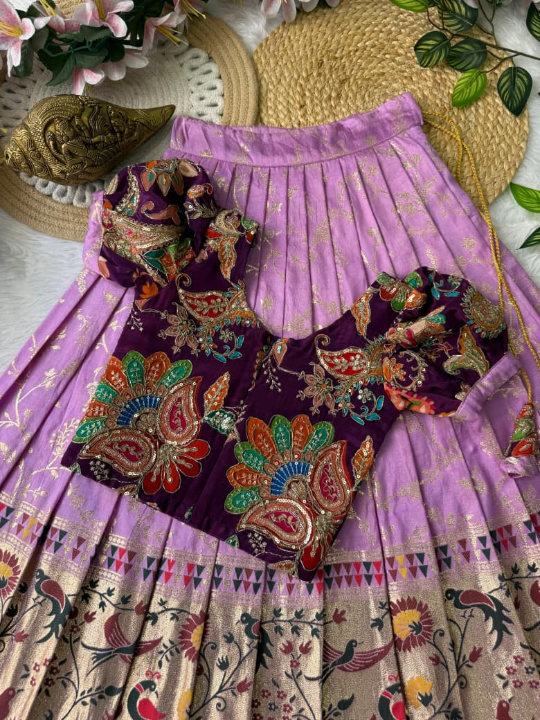 Pure Dola Silk Lehenga with Zari Weaving Border and Natural Crepe Top