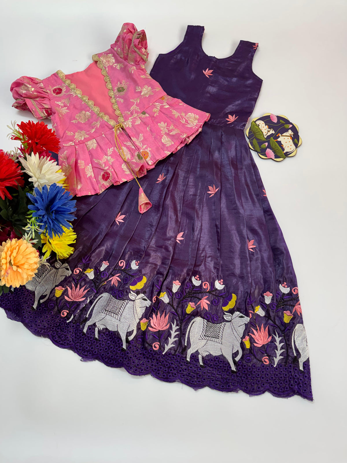 Girls Pichwai Embroidery Gown with Soft Nylon Dola Silk Overcoat