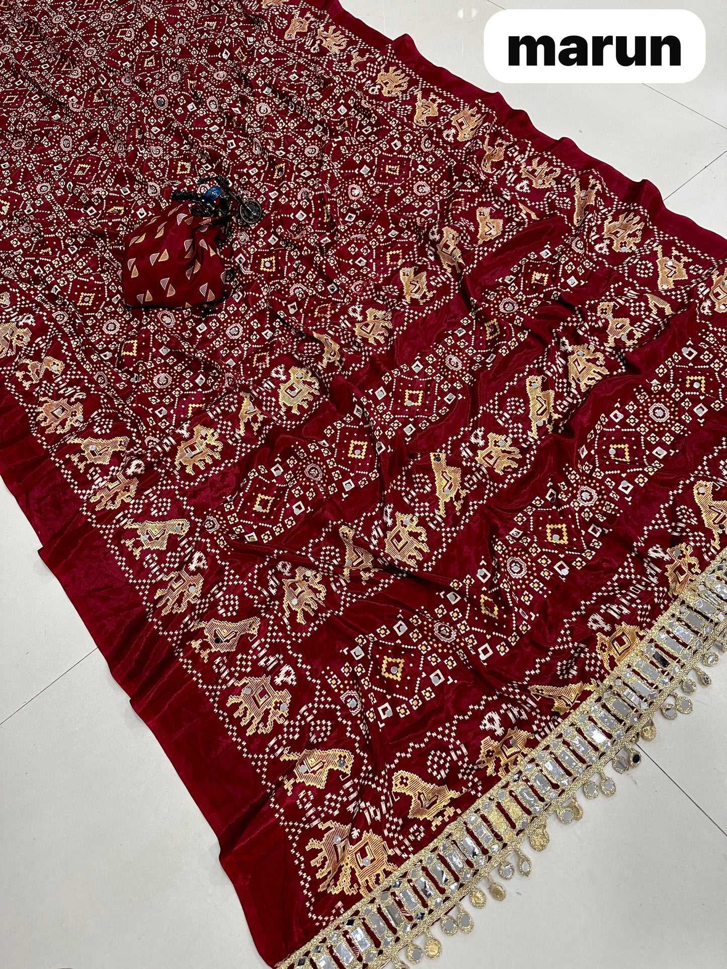 Pure Arjakh Sartin Viscous Silk Saree with Designer Print, Mirror Work & Designer Blouse