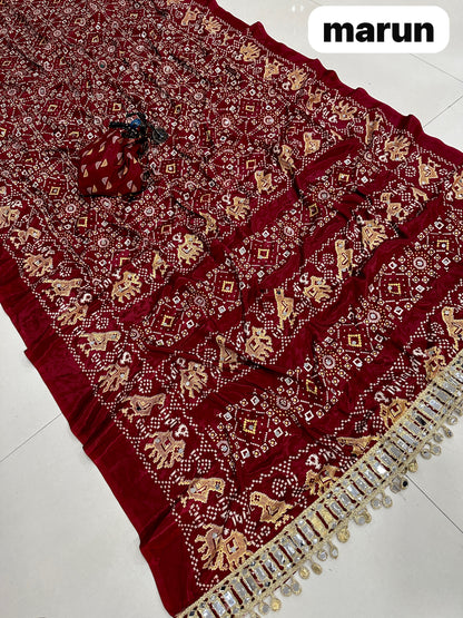 Pure Arjakh Sartin Viscous Silk Saree with Designer Print, Mirror Work & Designer Blouse