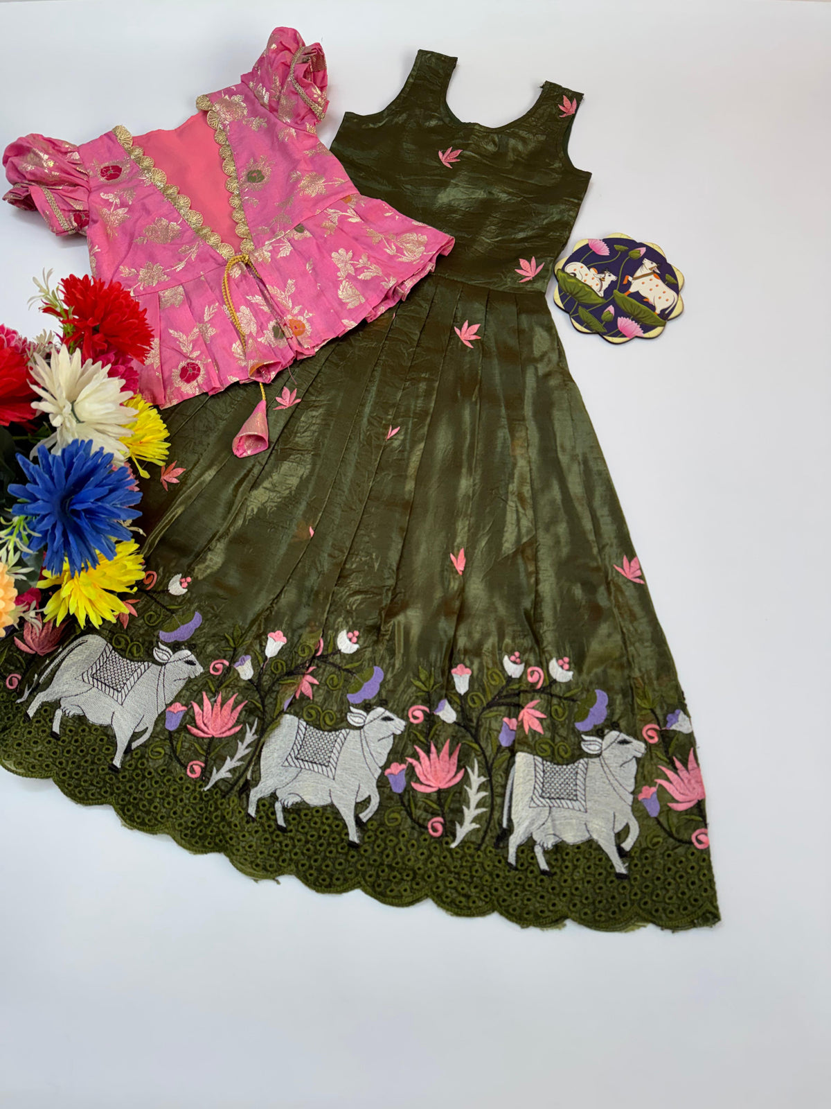 Girls Pichwai Embroidery Gown with Soft Nylon Dola Silk Overcoat