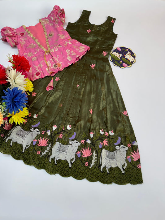 Girls Pichwai Embroidery Gown with Soft Nylon Dola Silk Overcoat