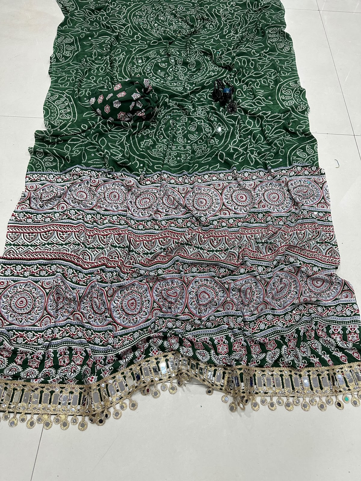 Pure Arjakh Satin Viscose Silk Saree with Designer Print, Mirror Work and Designer Blouse