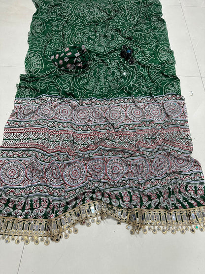 Pure Arjakh Satin Viscose Silk Saree with Designer Print, Mirror Work and Designer Blouse