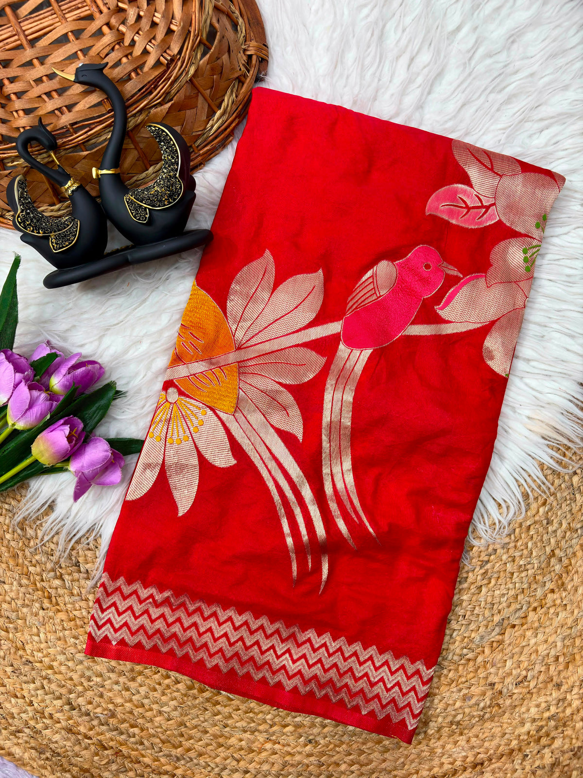 Khadi Crepe Silk Hand-Dyed Saree with Bird Motifs and Fancy Latkans