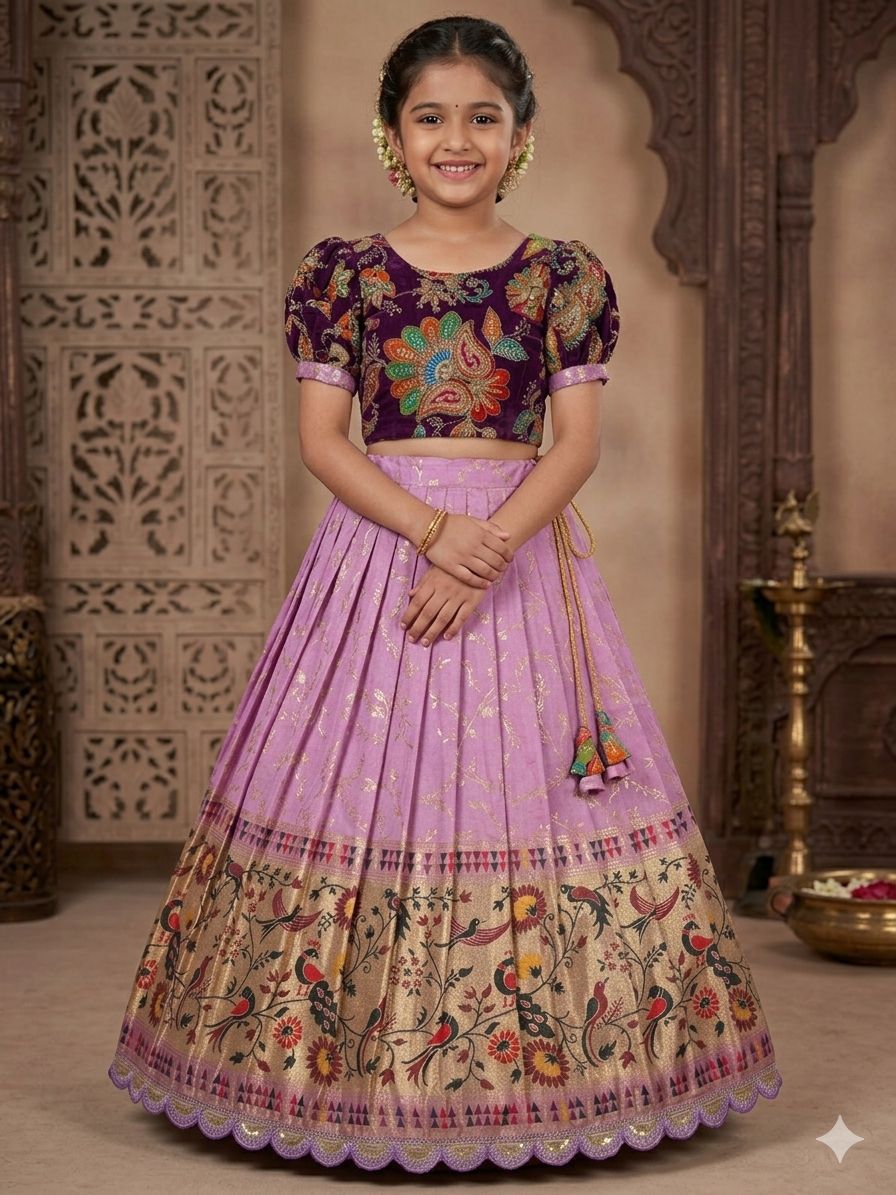 Pure Dola Silk Lehenga with Zari Weaving Border and Natural Crepe Top