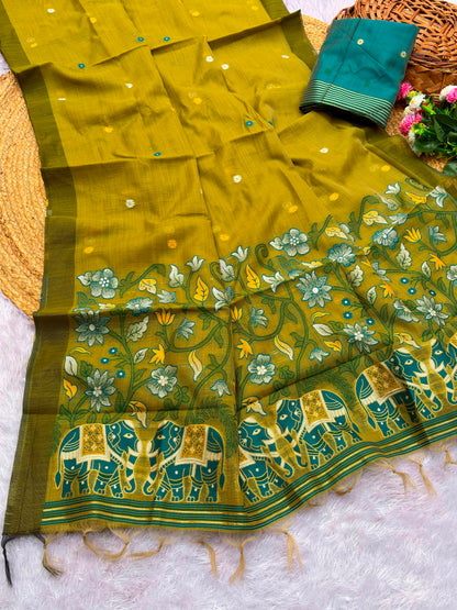 Pure Jamdani Silk Saree with Rich Zari Weave and Contrast Blouse