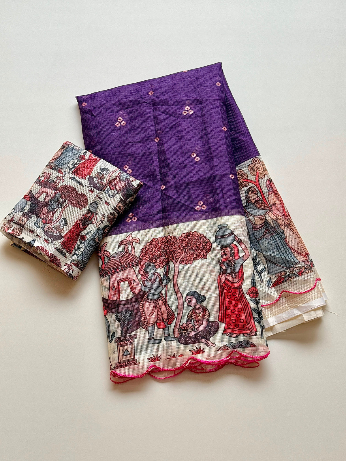 Madhubani Folk Art Printed Kota Chex Saree with Arco Cutwork Border