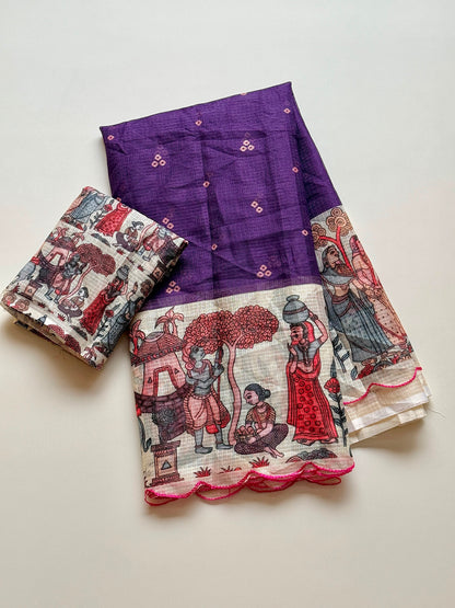 Madhubani Folk Art Printed Kota Chex Saree with Arco Cutwork Border