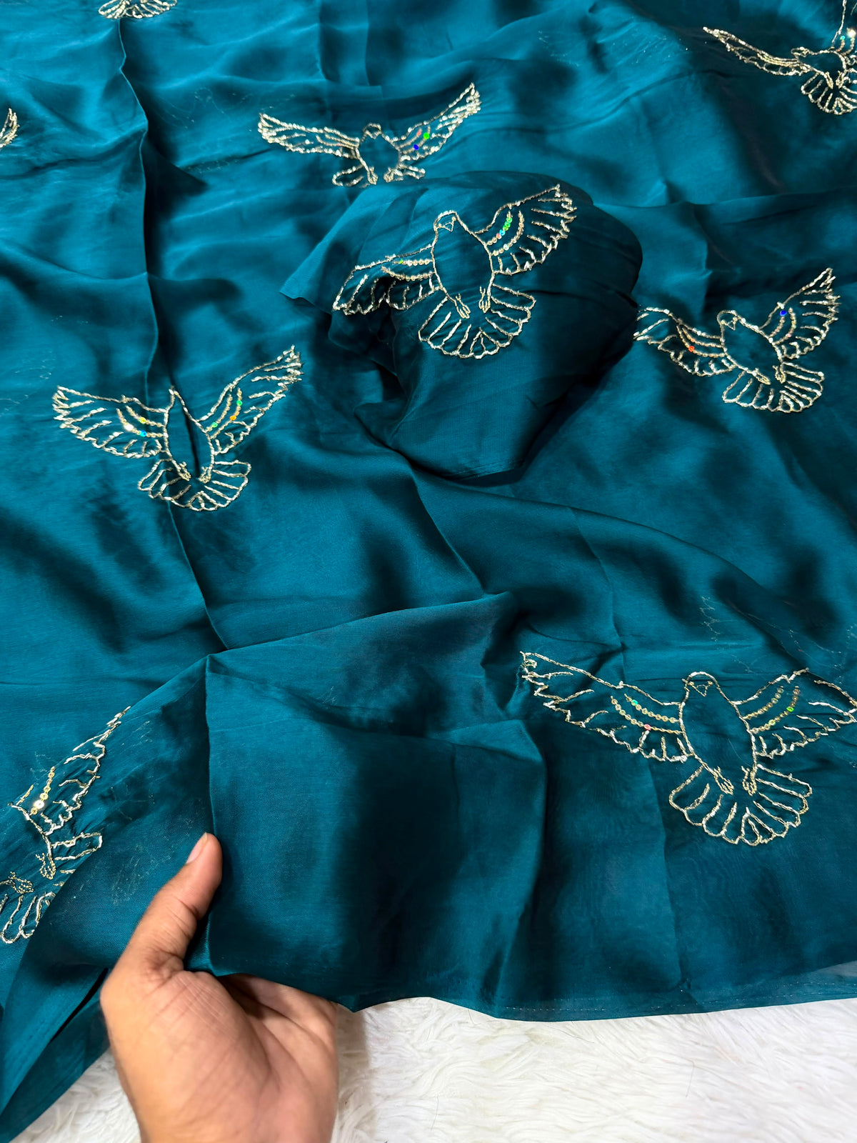 Soft Silk Saree with All-Over Bird Embroidery and Running Blouse