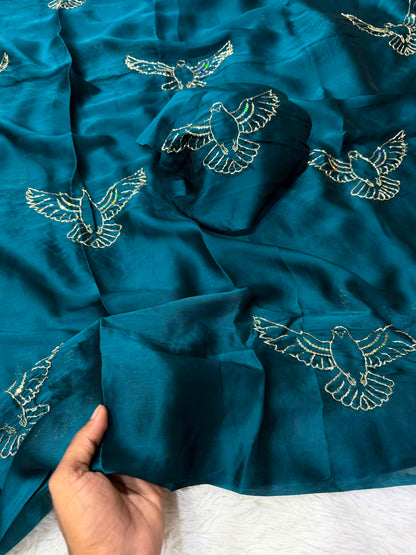Soft Silk Saree with All-Over Bird Embroidery and Running Blouse