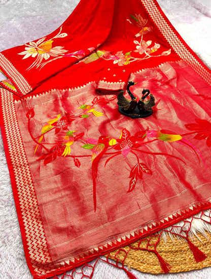 Khadi Crepe Silk Hand-Dyed Saree with Bird Motifs and Fancy Latkans
