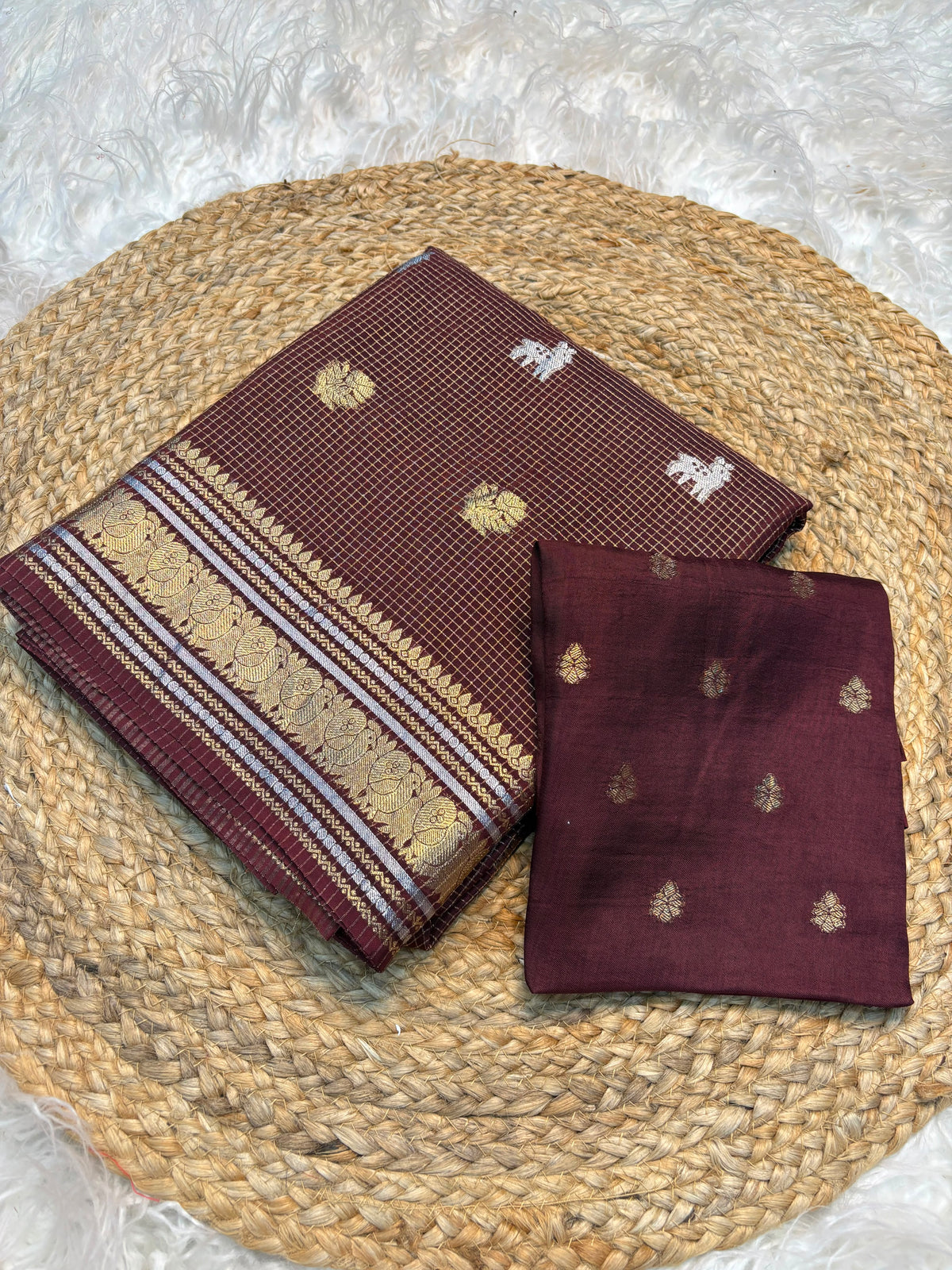 Golden Silver Pure Russian Dola Saree with Zari Peacock & Deer Weaving and Viscose Blouse