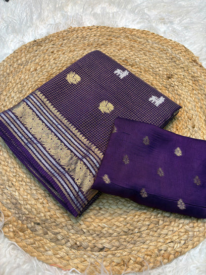 Golden Silver Pure Russian Dola Saree with Zari Peacock & Deer Weaving and Viscose Blouse