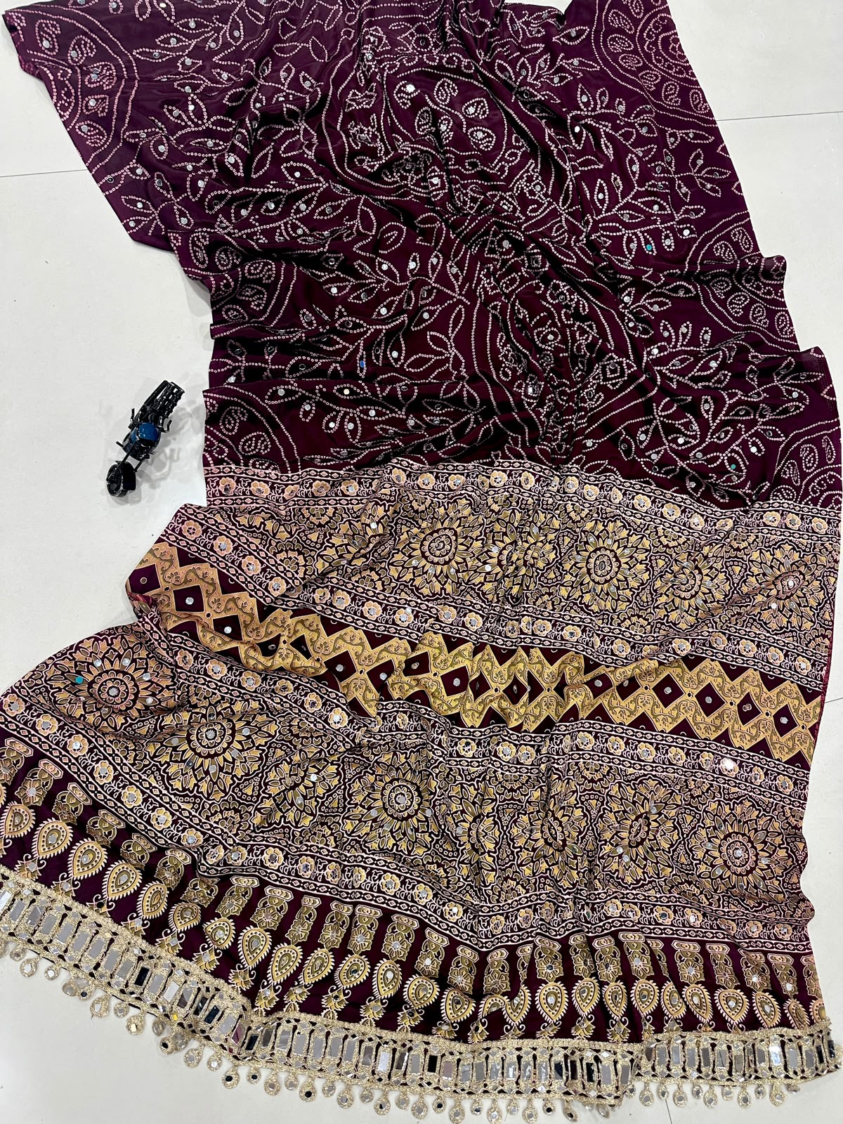 Pure Arjakh Satin Viscose Silk Saree with Designer Print, Mirror Work and Designer Blouse