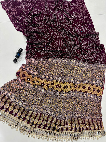Pure Arjakh Satin Viscose Silk Saree with Designer Print, Mirror Work and Designer Blouse