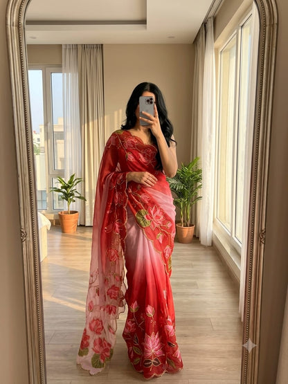 TeBy Silk Floral Digital Print Saree with Cutdana Khatli Work