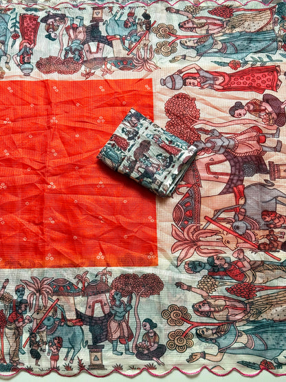 Madhubani Folk Art Printed Kota Chex Saree with Arco Cutwork Border