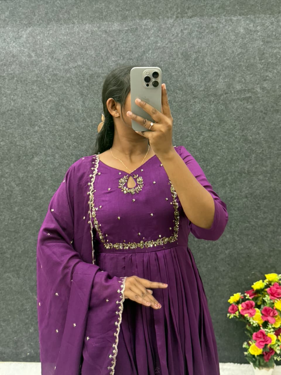 Handwork Vichitra Silk Anarkali Gown with Sequence Work Dupatta
