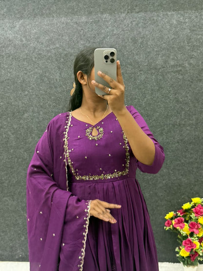 Handwork Vichitra Silk Anarkali Gown with Sequence Work Dupatta