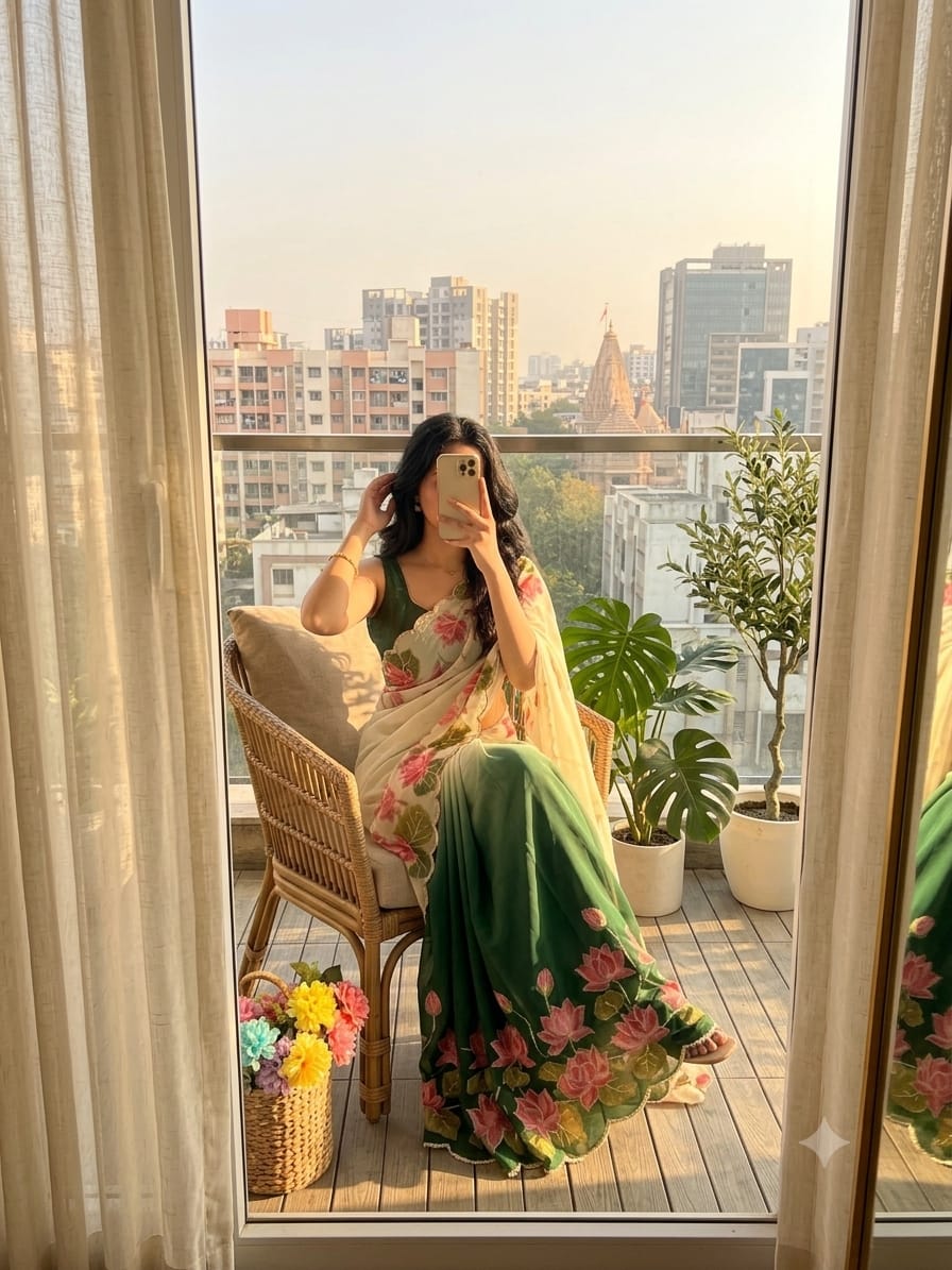 TeBy Silk Floral Digital Print Saree with Cutdana Khatli Work