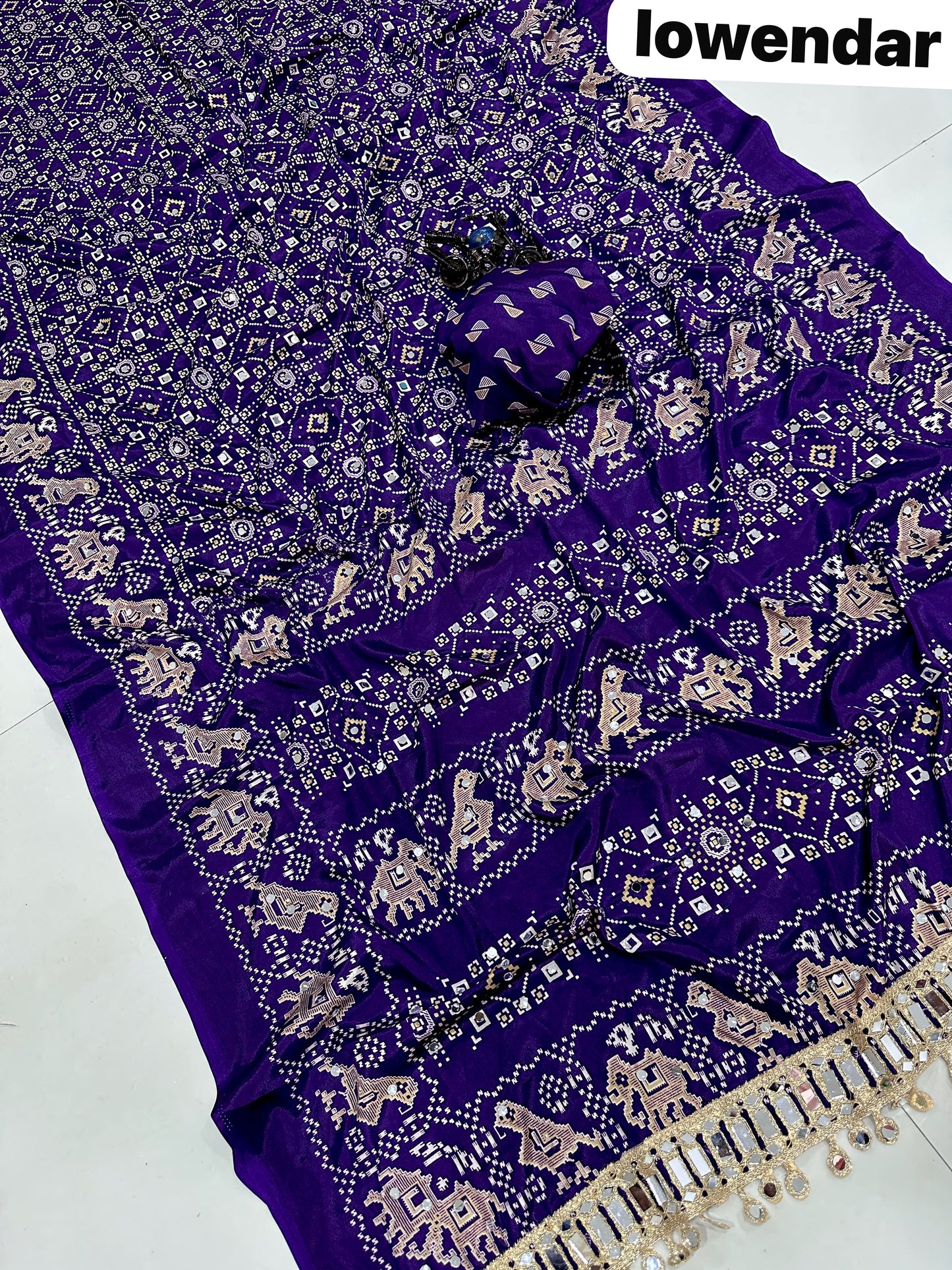 Pure Arjakh Sartin Viscous Silk Saree with Designer Print, Mirror Work & Designer Blouse