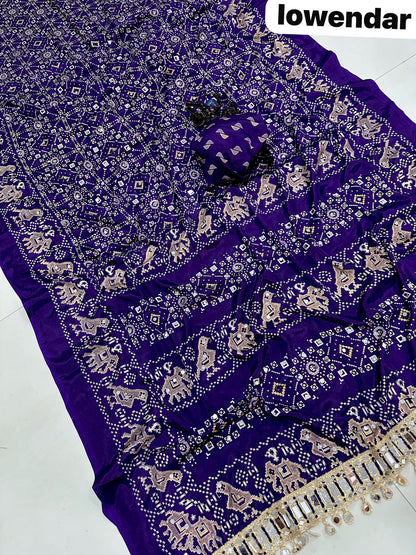Pure Arjakh Sartin Viscous Silk Saree with Designer Print, Mirror Work & Designer Blouse