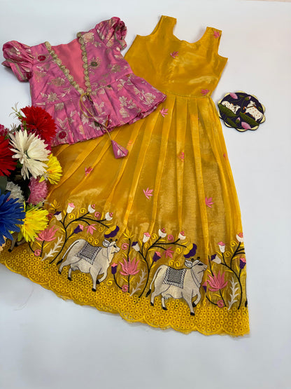 Girls Pichwai Embroidery Gown with Soft Nylon Dola Silk Overcoat
