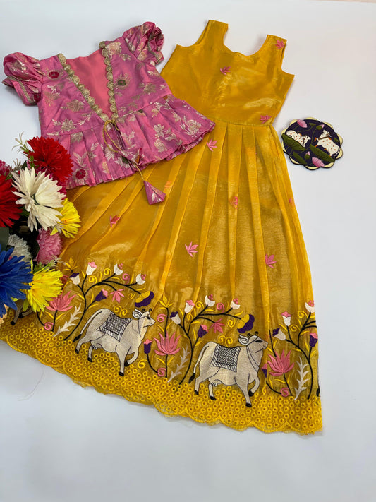 Girls Pichwai Embroidery Gown with Soft Nylon Dola Silk Overcoat