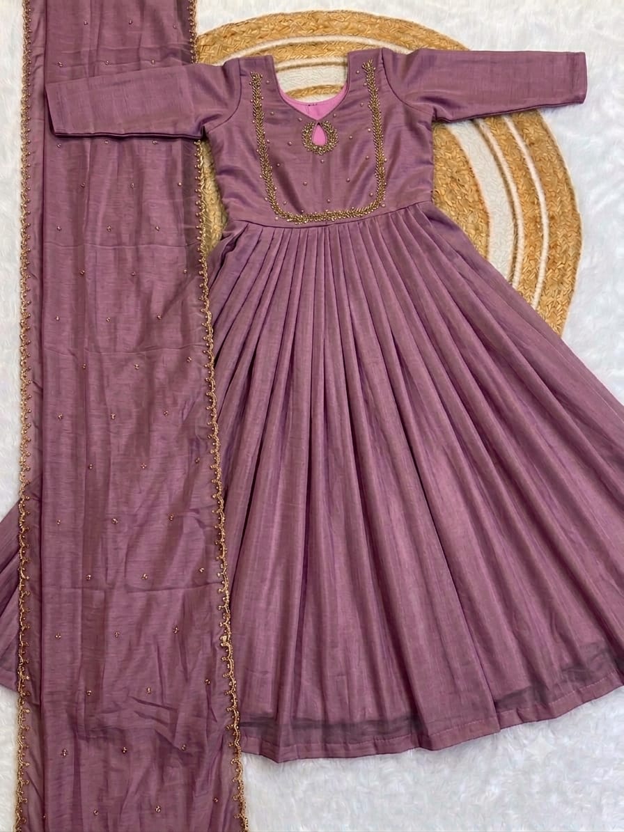 Handwork Vichitra Silk Anarkali Gown with Sequence Work Dupatta