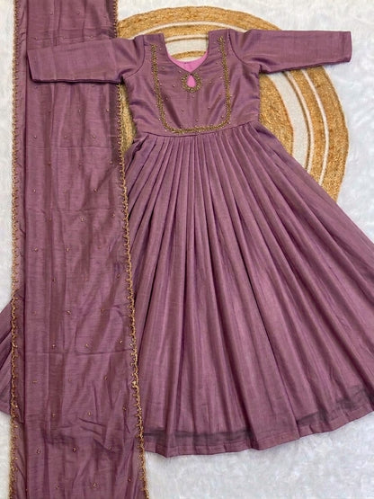 Handwork Vichitra Silk Anarkali Gown with Sequence Work Dupatta
