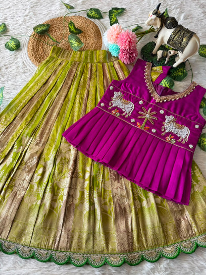 Kids Pattu Pavadai Sattai with Pichwai Work and Tissue Strip Skirt