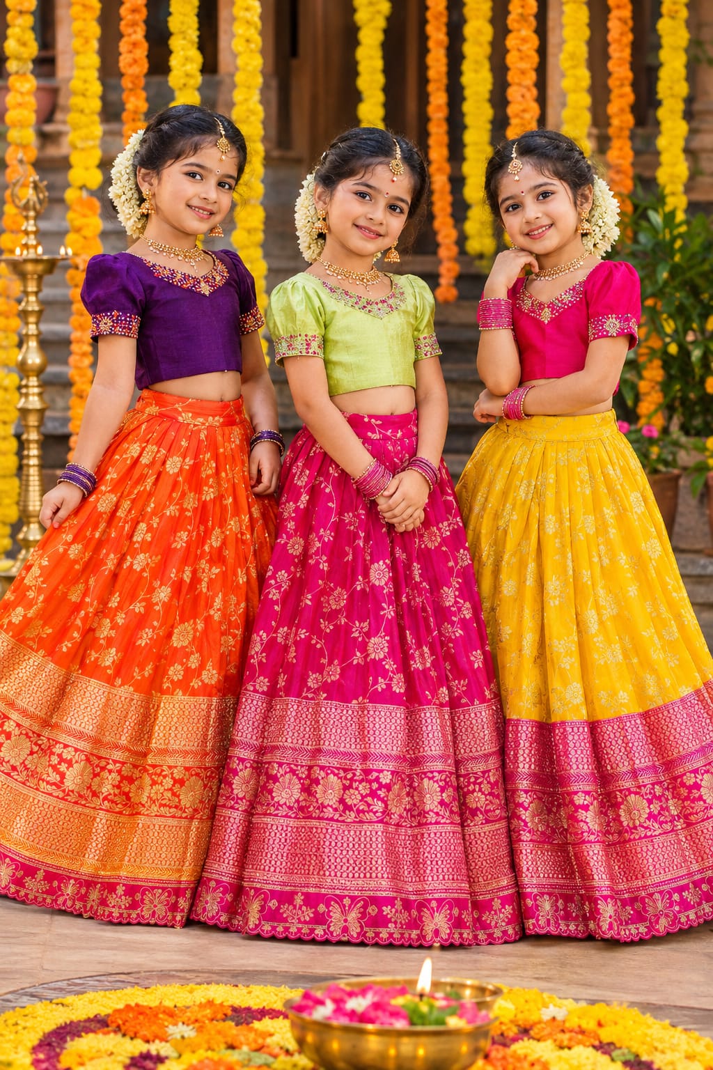 Royal Trio Contrast Kids Lehenga Choli with Floral Zari Work