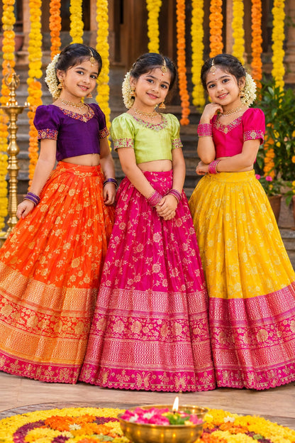 Royal Trio Contrast Kids Lehenga Choli with Floral Zari Work