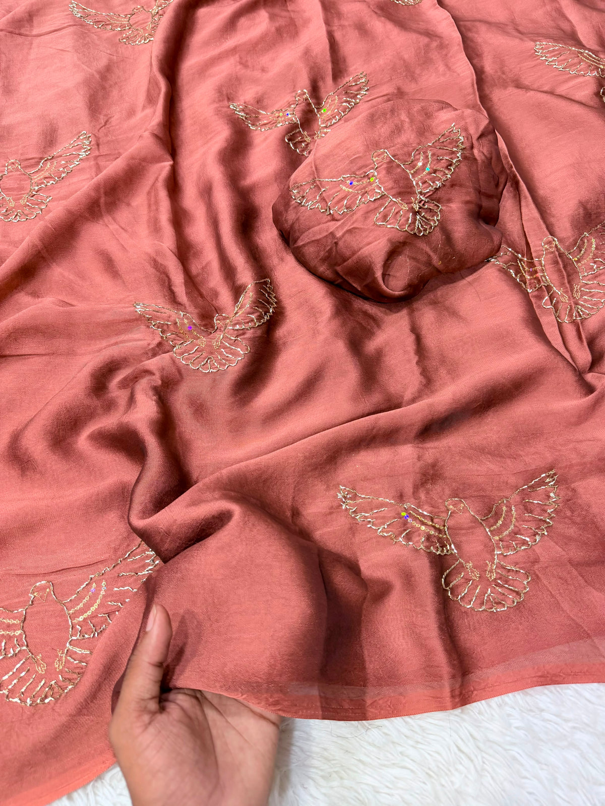Soft Silk Saree with All-Over Bird Embroidery and Running Blouse