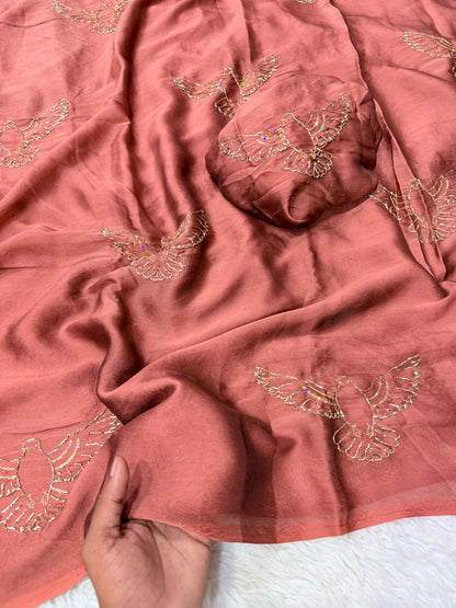 Soft Silk Saree with All-Over Bird Embroidery and Running Blouse