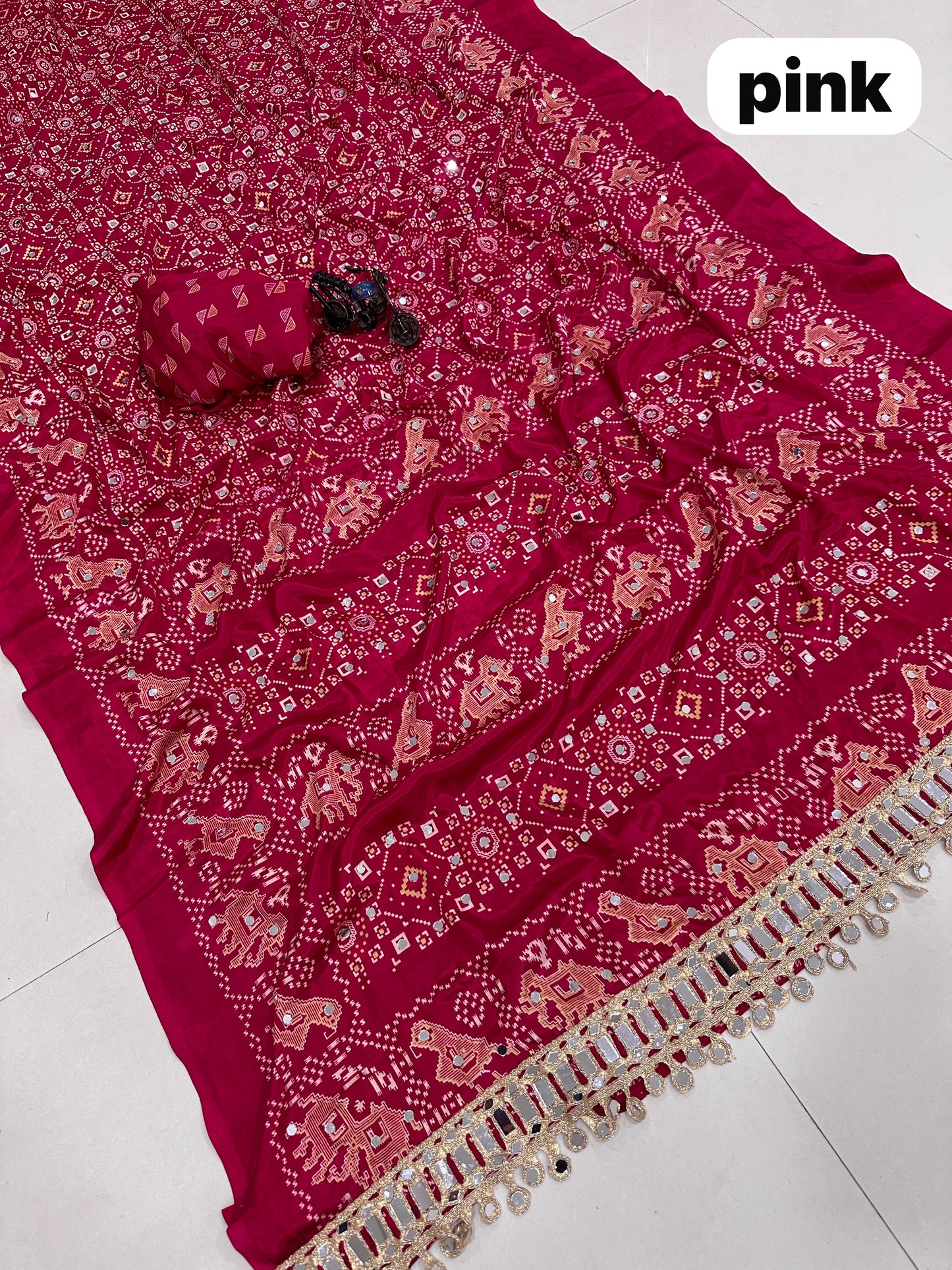 Pure Arjakh Sartin Viscous Silk Saree with Designer Print, Mirror Work & Designer Blouse