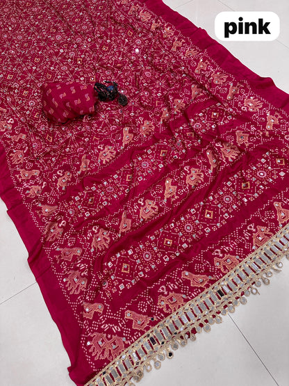 Pure Arjakh Sartin Viscous Silk Saree with Designer Print, Mirror Work & Designer Blouse