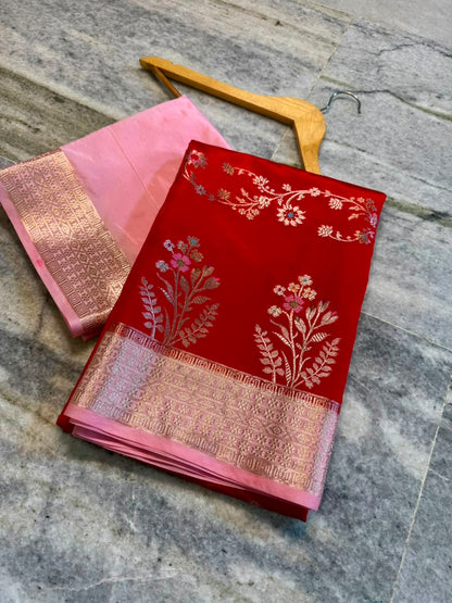 Banarasi Katan Silk Saree with Zari Butti and Contrast Jacquard Pallu