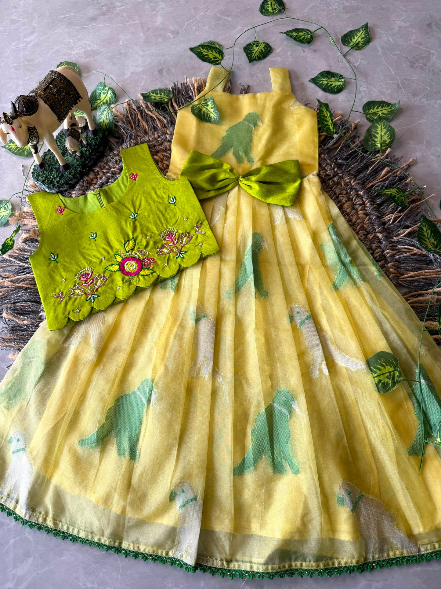 Little Princess Bird Motif Festive Gown with Raw Silk Coat