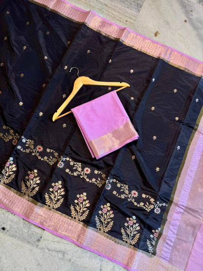 Banarasi Katan Silk Saree with Zari Butti and Contrast Jacquard Pallu