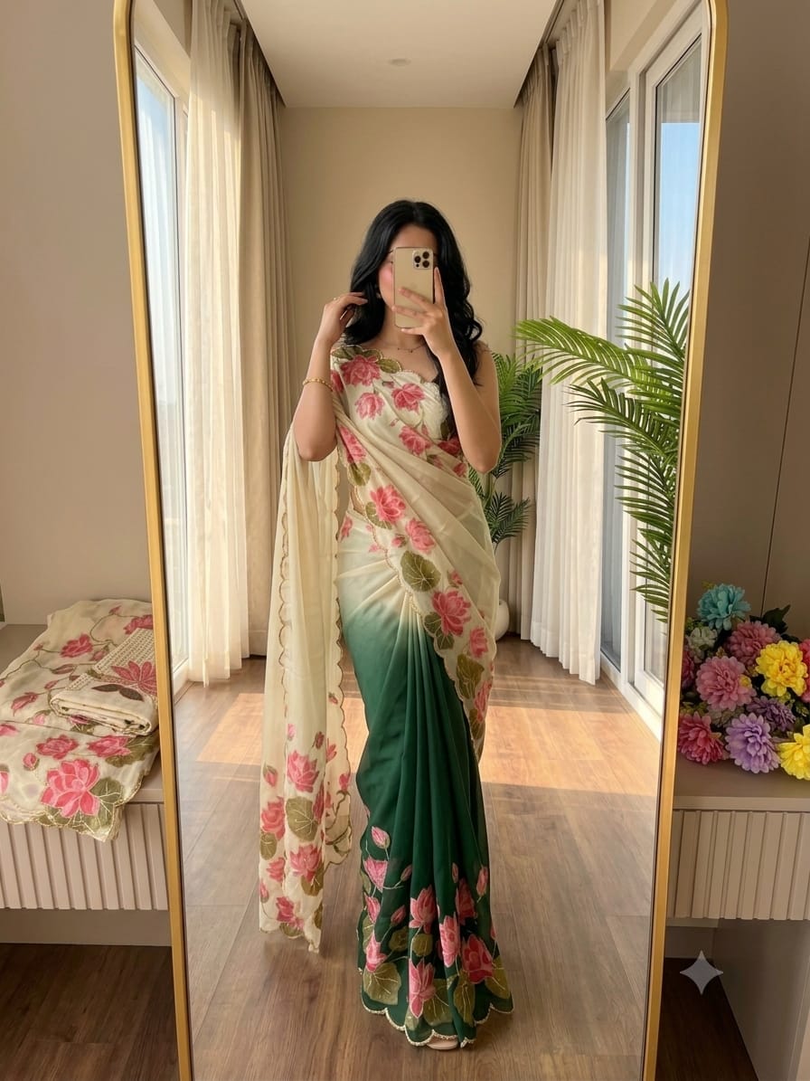 TeBy Silk Floral Digital Print Saree with Cutdana Khatli Work