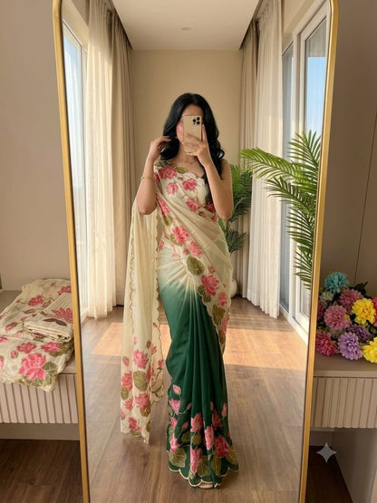 TeBy Silk Floral Digital Print Saree with Cutdana Khatli Work
