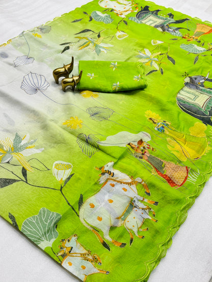 Vamika Soft Chanderi Cotton Floral Digital Print Saree with Aari Work Border